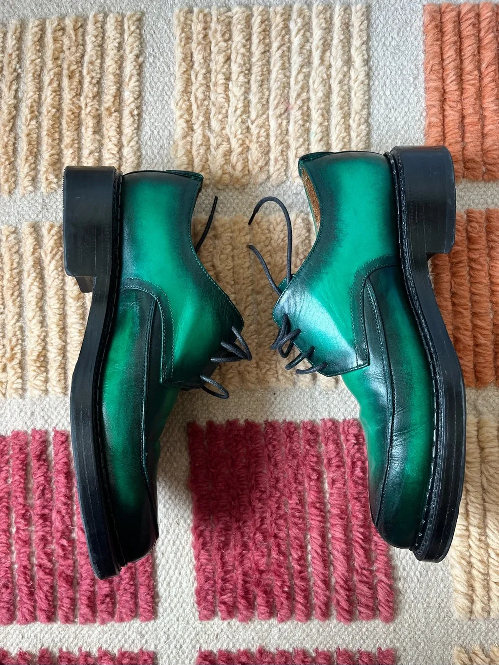 John Fluevog “Moneymaker” - green + black -  size 7.5 mens, 9.5 womens